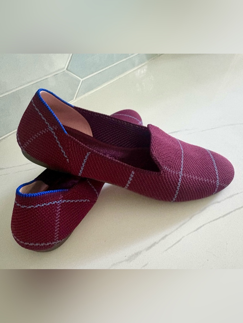 Rothy’s -The Loafer Burgundy Grid Plaid Knit Slip On Flats Shoes Size 7.5